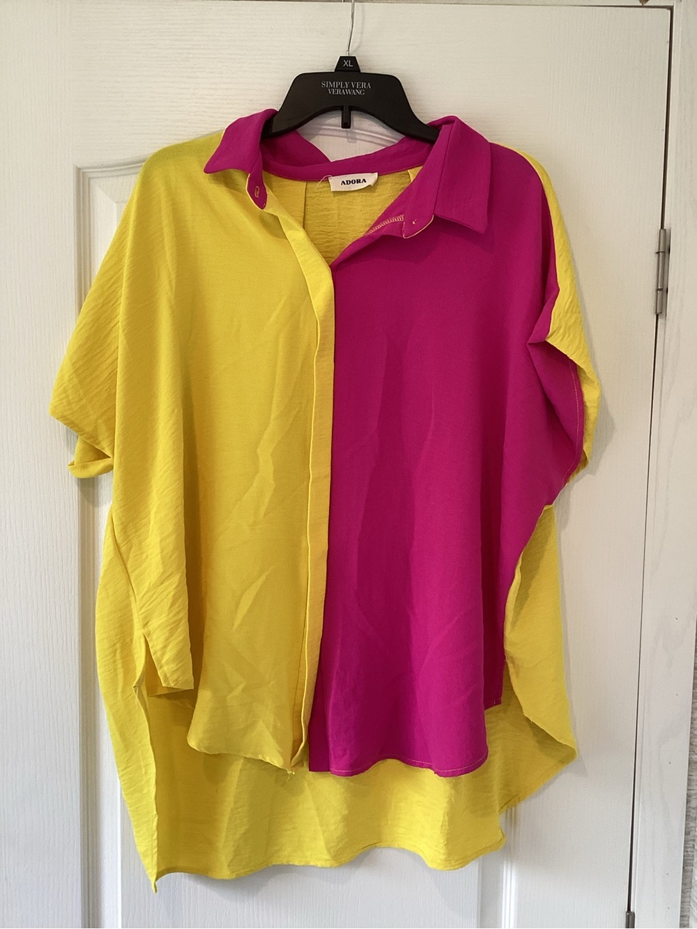 ADORA Colorblock Button-Front Blouse in Fuchsia and Lemon 2XL EUC